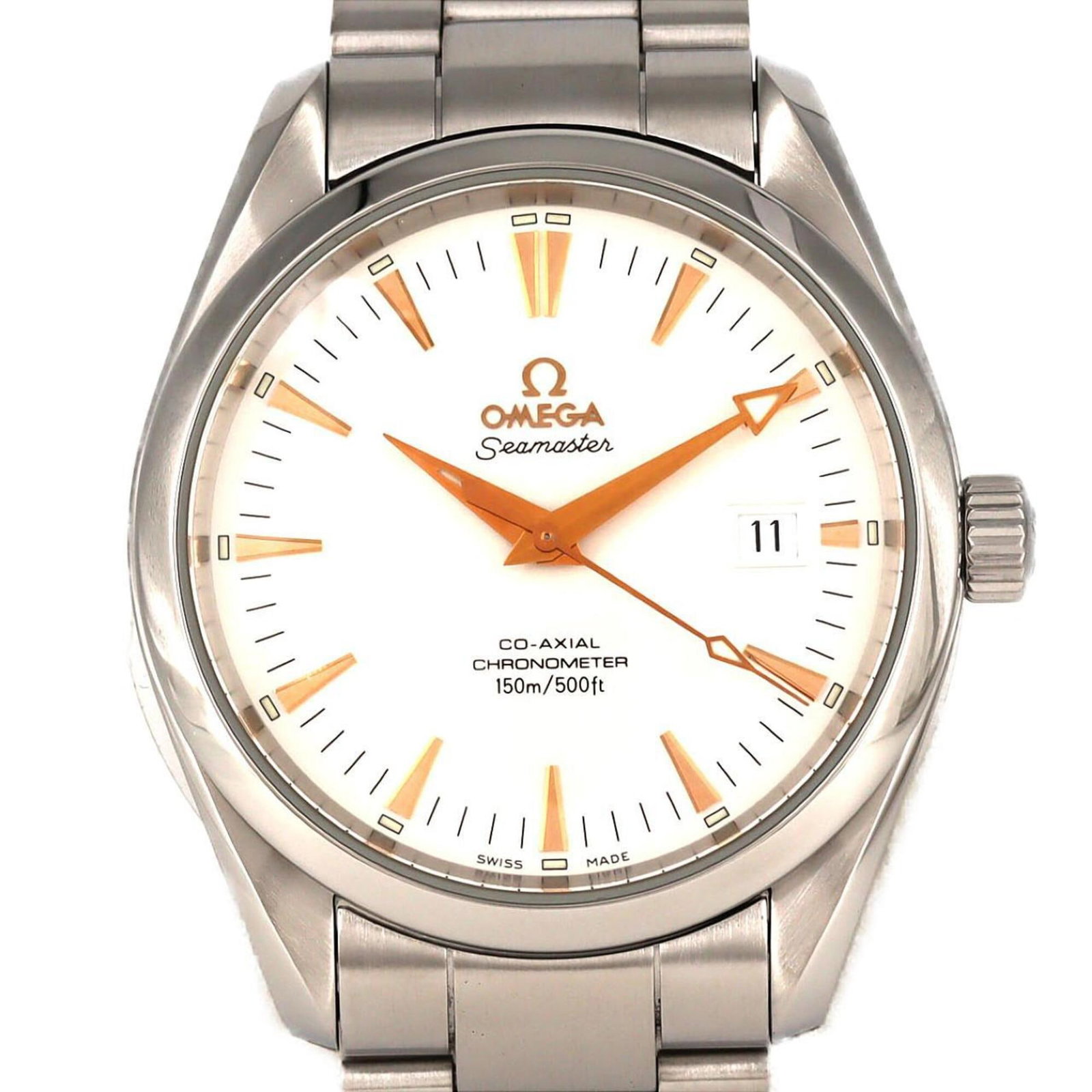 Omega Wristwatch: Omega Wristwatch Stainless steel case and band, silver dial, and a sleek 39mm design make this Omega wristwatch a stylish accessory. The watch has some traces of usage, with minor scratches and dirt v