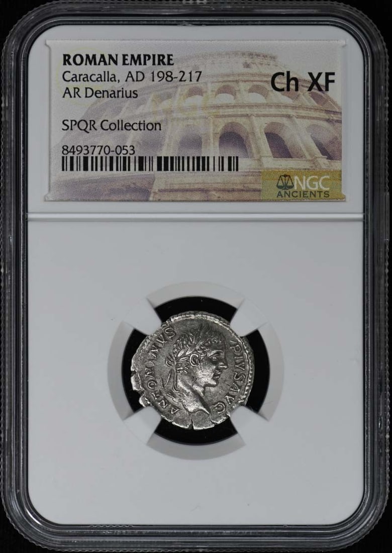 Roman Empire Caracalla AD 198 217 Denarius NGC XF45: Roman Empire Caracalla AD 198 217 Denarius NGC XF45 NGC XF45 graded Roman Empire Caracalla AD 198-217 Denarius, bearing certification number 8493770053. This ancient coin showcases its historical sign