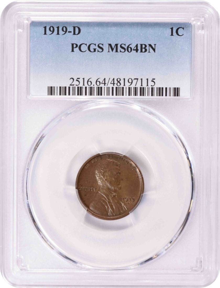 MS64BN PCGS Lincoln Cent 1919-D: MS64BN PCGS Lincoln Cent 1919-D MS64BN PCGS Lincoln Cent 1919-D is an Uncirculated coin with a KM number of 132, graded MS64 by the Professional Coin Grading Service. This copper Small Cent features