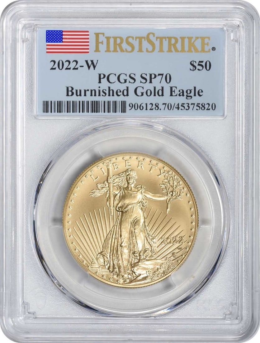 2022-W $50 American Gold Eagle SP70 First Strike PCGS: 2022-W $50 American Gold Eagle SP70 First Strike PCGS The 2022-W $50 American Gold Eagle SP70 First Strike PCGS features a burnished strike, showcasing the coin's exceptional detail and luster. Certif