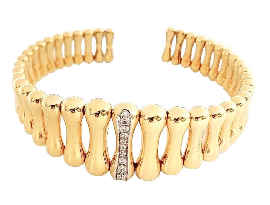 Diamond 18k Gold Wide Italian Bamboo Bracelet Chimento Bangle 20.2g: Diamond 18k Gold Wide Italian Bamboo Bracelet Chimento Bangle 20.2g 18k gold Italian bamboo bracelet with a stunning round diamond bangle, weighing 20.2g, features an engraved setting and pave design.