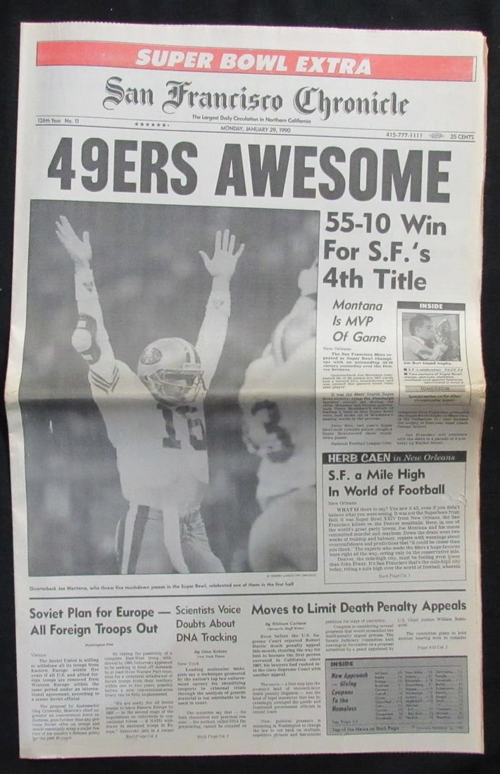 San Francisco Chronicle Newspaper 1/ 29/ 1990 49ers Super Bowl XXIV Champs 190810: San Francisco Chronicle Newspaper 1/ 29/ 1990 49ers Super Bowl XXIV Champs 190810 1/29/1990 San Francisco Chronicle newspaper commemorates the 49ers' Super Bowl XXIV championship win on August 10,