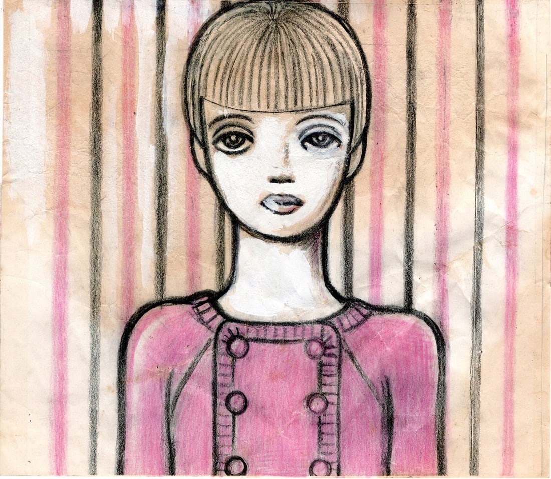 Rune Naito Original Drawing Girl in Pink Dress Pencil Color Japanese Kawaii Art: Rune Naito Original Drawing Girl in Pink Dress Pencil Color Japanese Kawaii Art Rune Naito's original drawing of a girl in pink, created with pencil and color pencil on paper, showcases her unique Jap