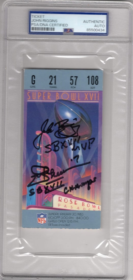Riggins Superbowl XVII Autographed Ticket Auto Authentic: Riggins Superbowl XVII Autographed Ticket Auto Authentic The Riggins Superbowl XVII Autographed Ticket Auto Authentic features an autograph from John Riggins in black sharpie, inscribed "SB XVII CHAMP
