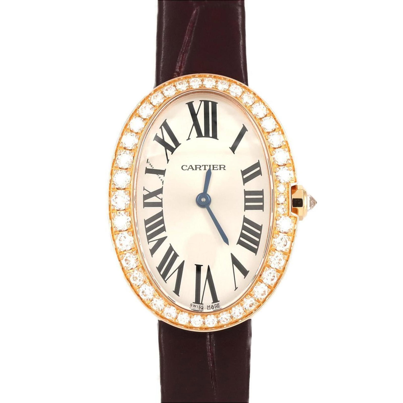 Wristwatch of Cartier: Wristwatch of Cartier Pink gold case with rose gold band, paired with a silver dial, this Cartier wristwatch boasts elegant design. With its brown leather strap and subtle scratches, it presents a wor