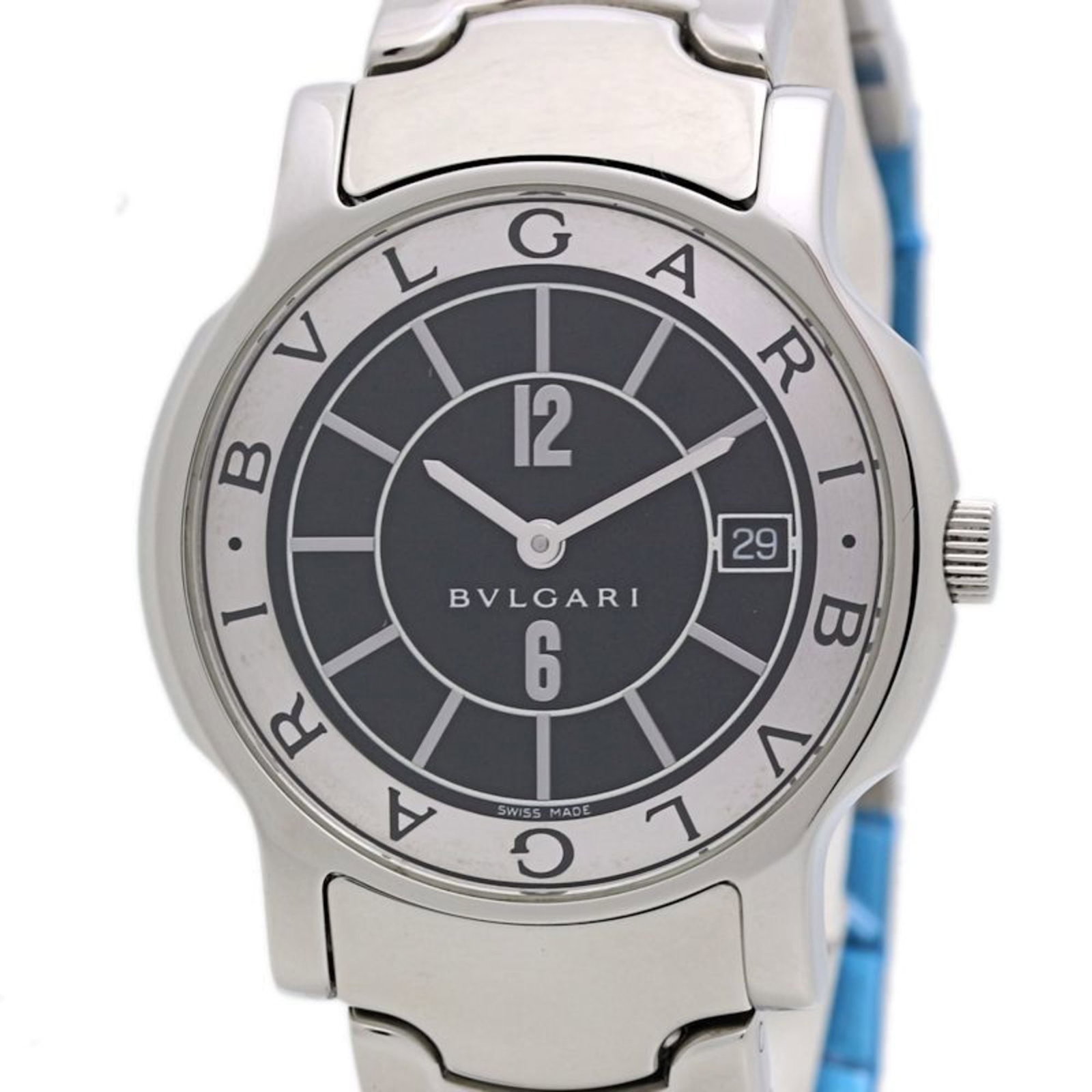 Bvlgari Wristwatch: Bvlgari Wristwatch Stainless steel case and band provide a sleek, modern look for the Bvlgari wristwatch. The black dial stands out against its durable stainless steel frame, measuring 35mm in diamete