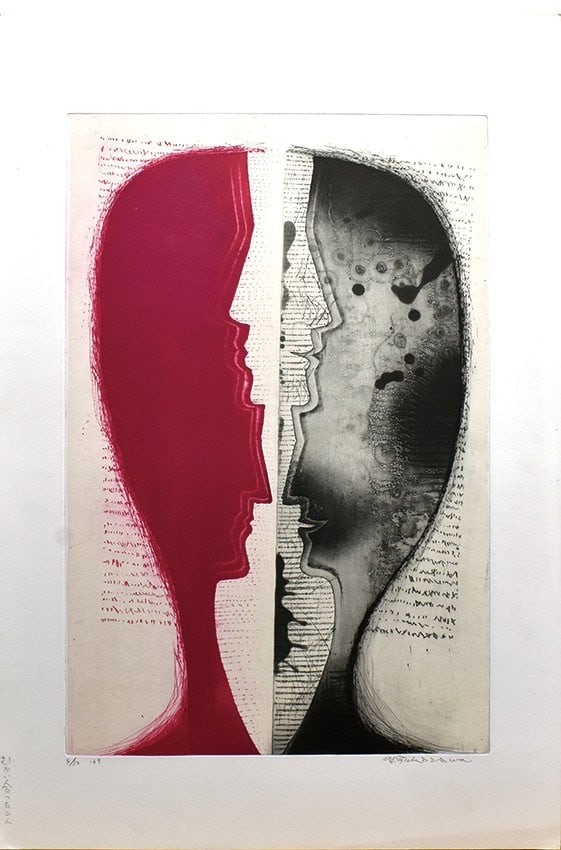 Fukazawa Signed 30 Ltd Copperplate Etching 1969 Two Facing Each Other: Fukazawa Signed 30 Ltd Copperplate Etching 1969 Two Facing Each Other Signed by artist Yukio Fukazawa, this 1969 copperplate etching features two figures facing each other in an abstract composition. 