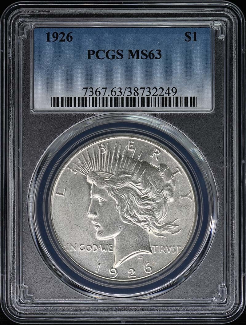1926 $1 Peace Dollar PCGS MS63: 1926 $1 Peace Dollar PCGS MS63 MS63 graded 1926 Peace Dollar from the Philadelphia Mint, certified by PCGS. This uncirculated coin showcases the iconic design of the Peace Dollar, with its elegant obv