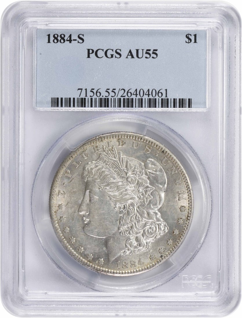 PCGS AU55 Morgan Silver Dollar 1884: PCGS AU55 Morgan Silver Dollar 1884 The PCGS AU55 Morgan Silver Dollar 1884 boasts its circulated condition and rich history, featuring the iconic design of George T. Morgan. Made from 90% silver and 