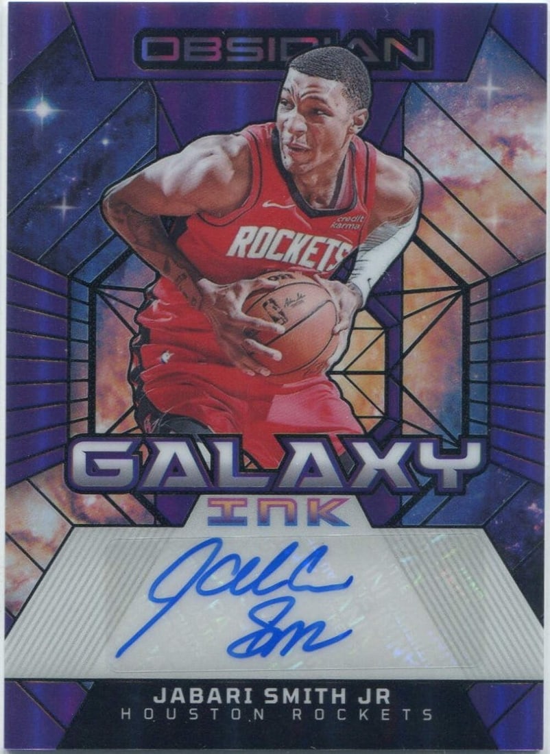 Jabari Smith Jr. 2023 - 2024 Panini Obsidian Galaxy Ink Autographed Purple Flood: Jabari Smith Jr. 2023 - 2024 Panini Obsidian Galaxy Ink Autographed Purple Flood Signed by Jabari Smith Jr. in purple ink, this Panini Obsidian Galaxy Ink autographed card features a unique and vibran