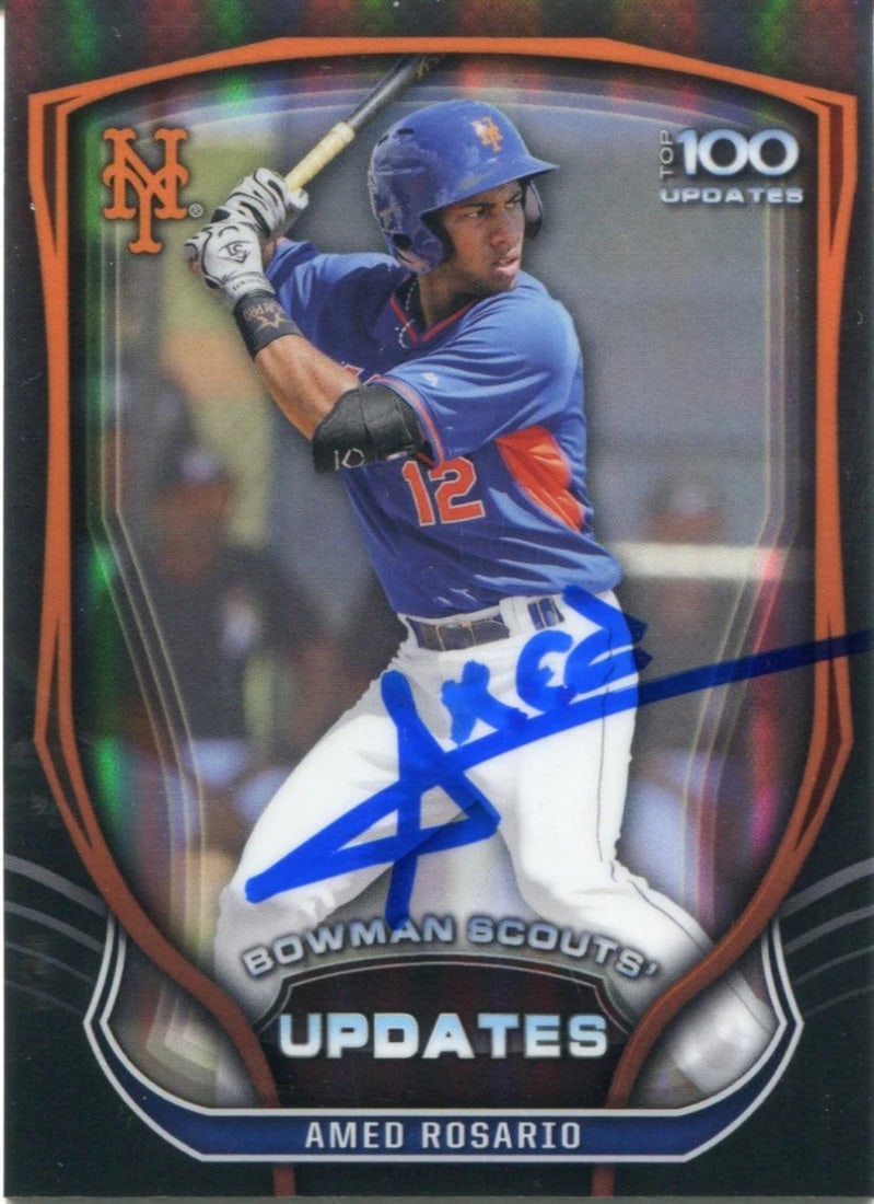 Amed Rosario Autographed 2015 Bowman Scouts' Updates Rookie Card: Amed Rosario Autographed 2015 Bowman Scouts' Updates Rookie Card Item Specifics: Card is in NRMT-MT condition Autograph is authenticated by , and will be accompanied by a COA from . Product Disclaimer