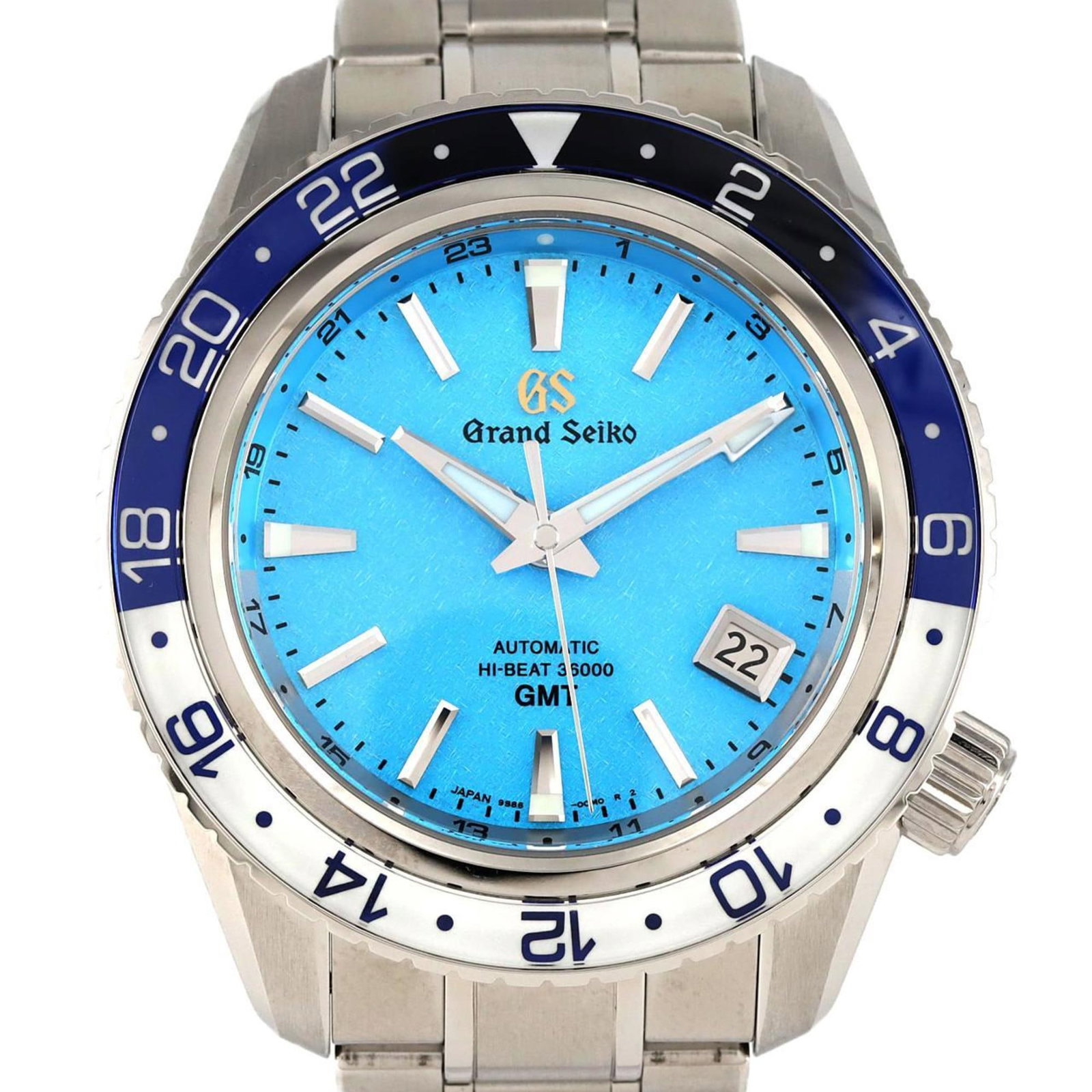 Wristwatch by Grand Seiko: Wristwatch by Grand Seiko Stainless steel case and band, the Grand Seiko wristwatch boasts a sleek blue dial. Measuring 44mm in diameter, it suits wrists up to 21cm in length. In very good condition w