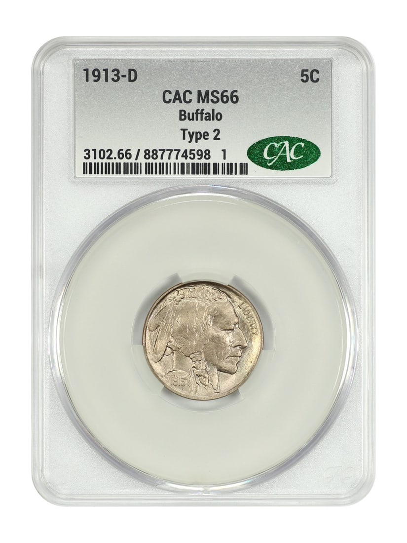 Buffalo nickel Type 2 1913-D MS66: Buffalo nickel Type 2 1913-D MS66 The Buffalo nickel Type 2, minted in 1913-D, boasts an MS66 grade, showcasing exceptional detail and luster. This uncirculated coin features a striking design with a 