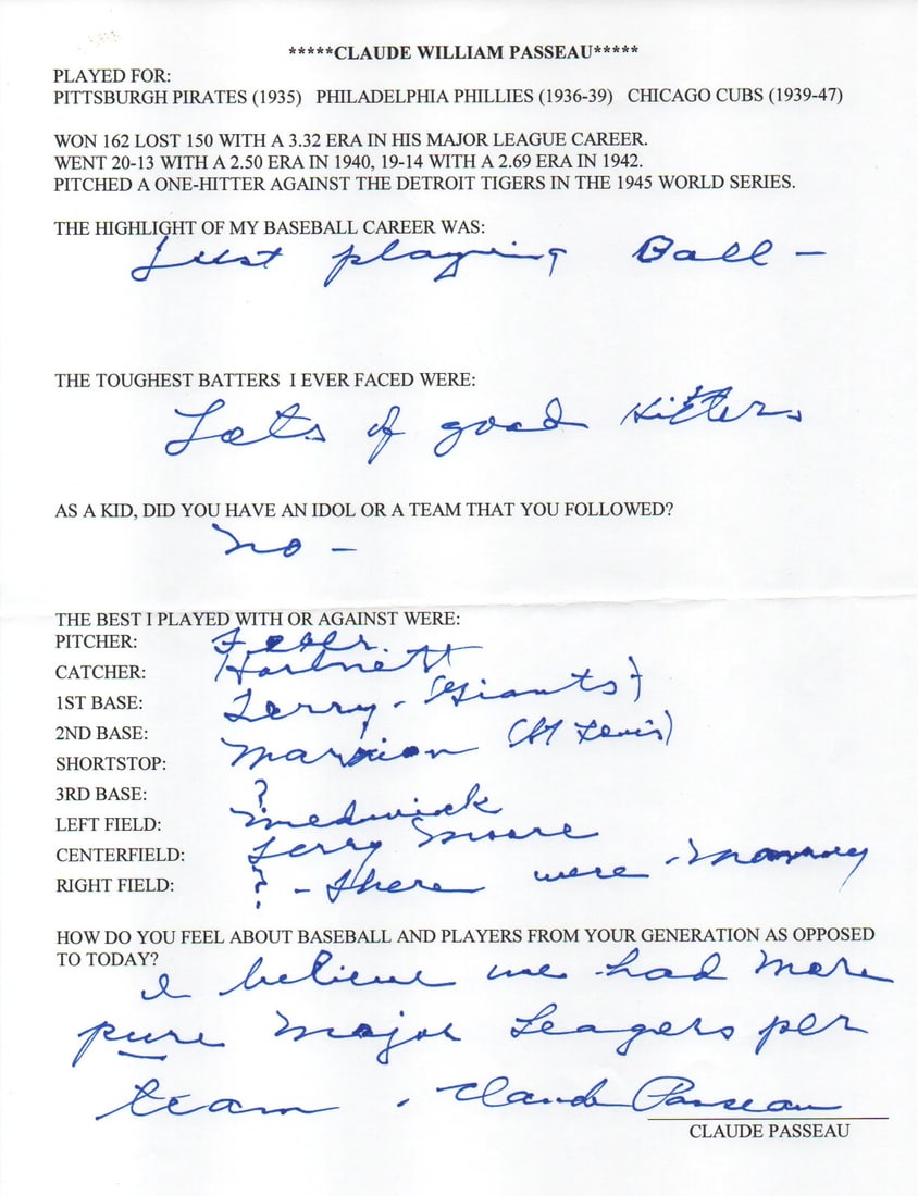 Claude Passeau Autographed Hand Filled Out Survey Page (JSA): Claude Passeau Autographed Hand Filled Out Survey Page (JSA) Authentic Claude Passeau Autographed Hand Filled Out Survey Page, verified by James Spence Authentication. This unique piece features the a