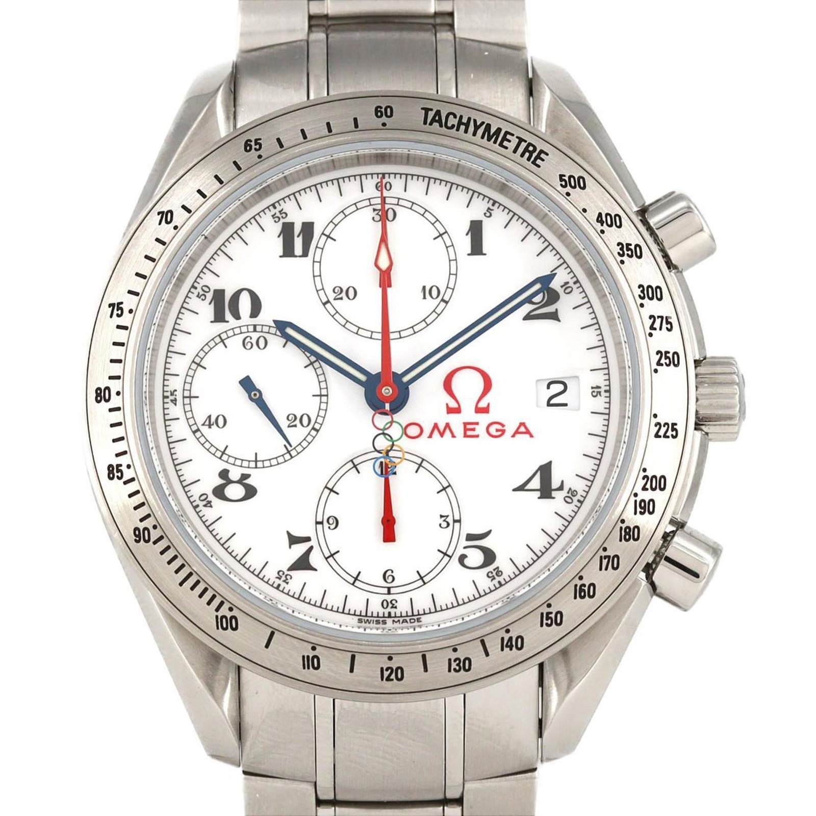 Omega Wristwatch: Omega Wristwatch Stainless steel case and band provide a durable foundation for this Omega wristwatch, featuring a white dial. The 40mm size fits comfortably on wrists up to 19.5cm in circumference. A