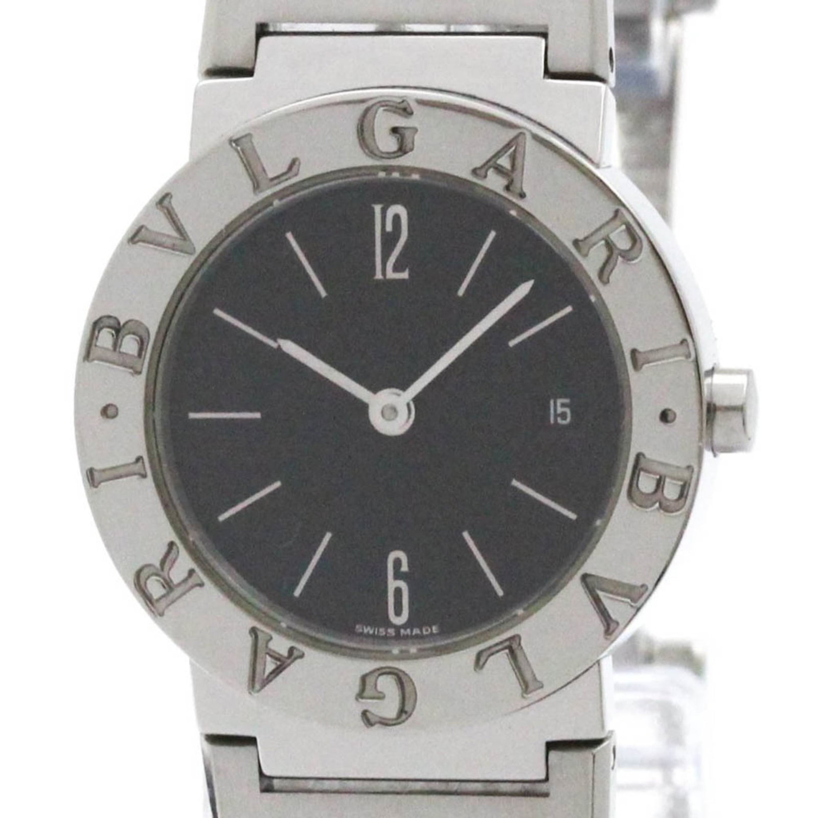 Bvlgari Wristwatch: Bvlgari Wristwatch Stainless steel case and band, the Bvlgari wristwatch boasts a sleek black dial. With its classic design and formal style, it's perfect for dressing up. This pre-owned watch feature