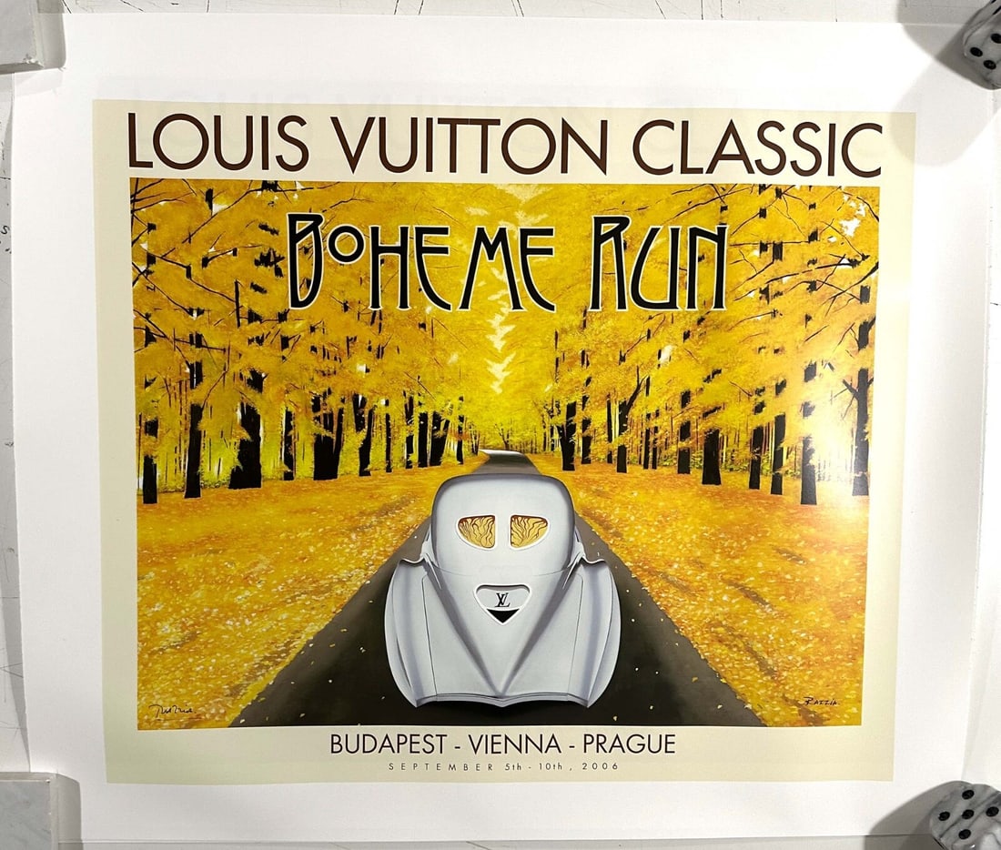 Louis Vuitton Boheme Run 2006 Poster Original Hand Signed By Razzia Medium Size: Louis Vuitton Boheme Run 2006 Poster Original Hand Signed By Razzia Medium Size Signed by Razzia, this original 2006 Louis Vuitton Boheme Run poster boasts Art Deco style and features a striking green