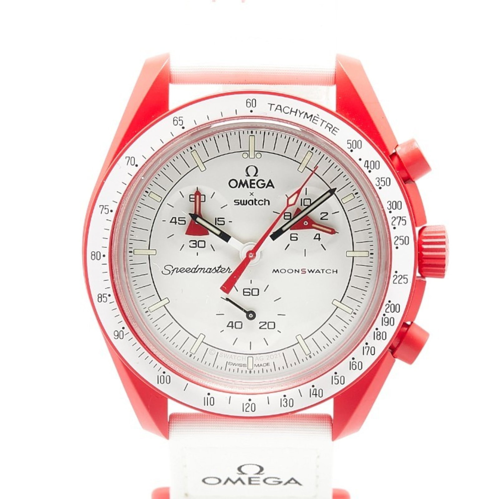 Omega Wristwatch: Omega Wristwatch Omega Wristwatch, featuring a durable ceramic case and nylon band, boasts a striking white dial. With its 41.7mm diameter and comfortable 18cm wrist size, this watch is designed to fi