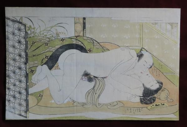Isoda Koryusai Original Shunga Woodblock Print 1770s Edo Period Erotic Art: Isoda Koryusai Original Shunga Woodblock Print 1770s Edo Period Erotic Art Isoda Koryusai's original woodblock print from the 1770s Edo Period features intricate designs characteristic of Shunga, a st