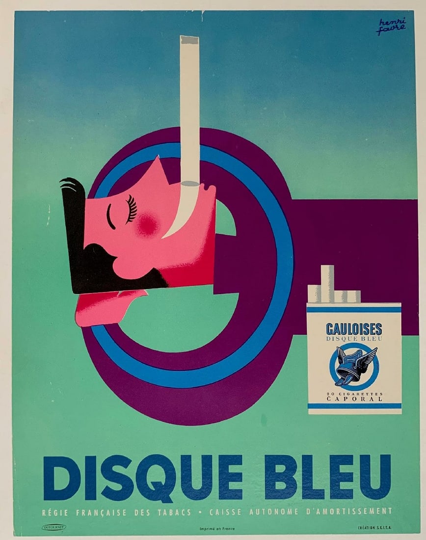 Disque Bleu Cigarettes By Favre C 1950 On Inen Origianl French Poster: Disque Bleu Cigarettes By Favre C 1950 On Inen Origianl French Poster Item Specifics: Artist: FAVRE Style: Vintage Date Of Creation: 1950-1969 Year Of Production: 1960 Width (Inches): 9 Color: Green S