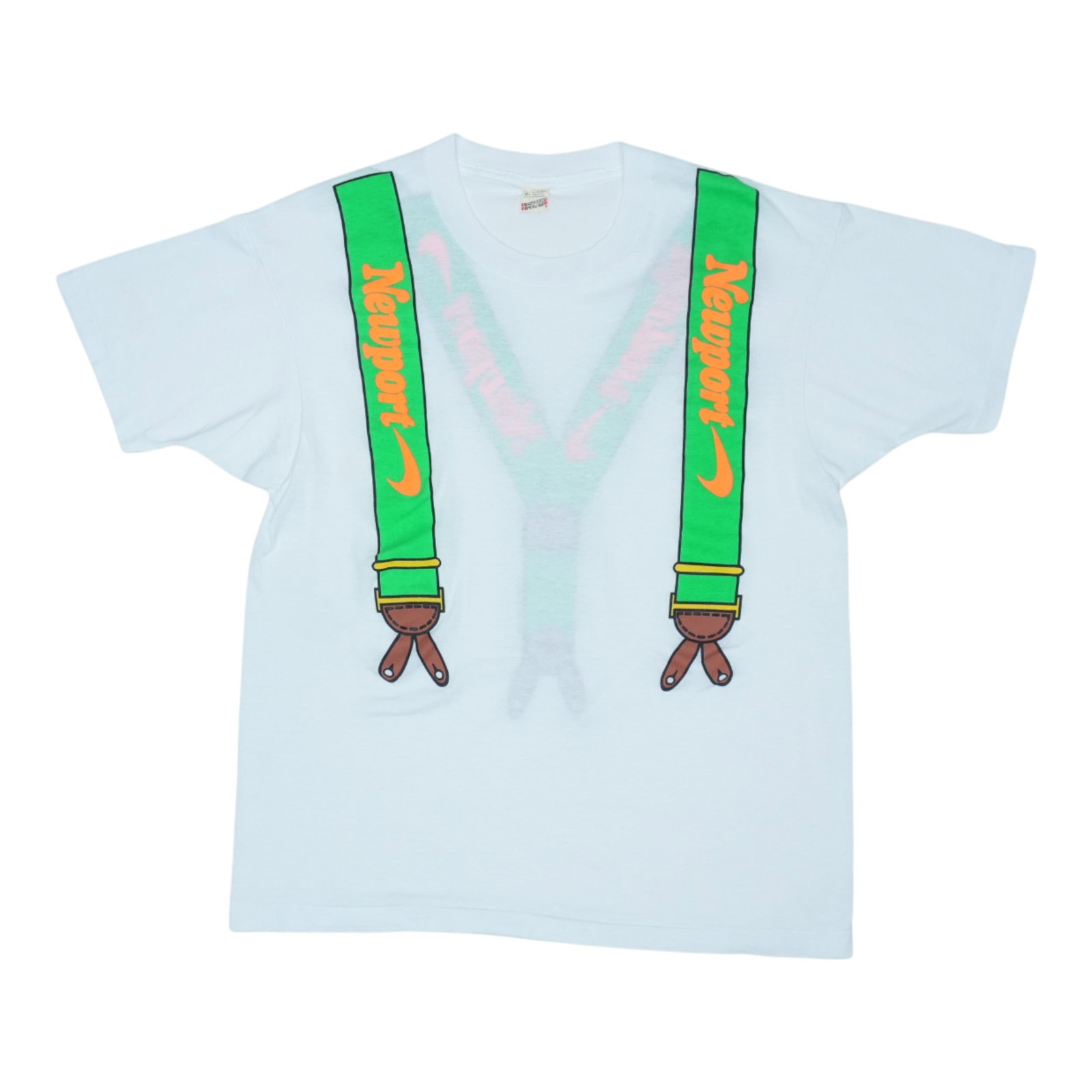 Newport Suspenders Shirt 1990: Newport Suspenders Shirt 1990 Extra Large Newport Suspenders Shirt from the 1990s. This vintage shirt features front and back graphics, measuring 20 inches pit to pit and 27 inches collar to hem. Arri