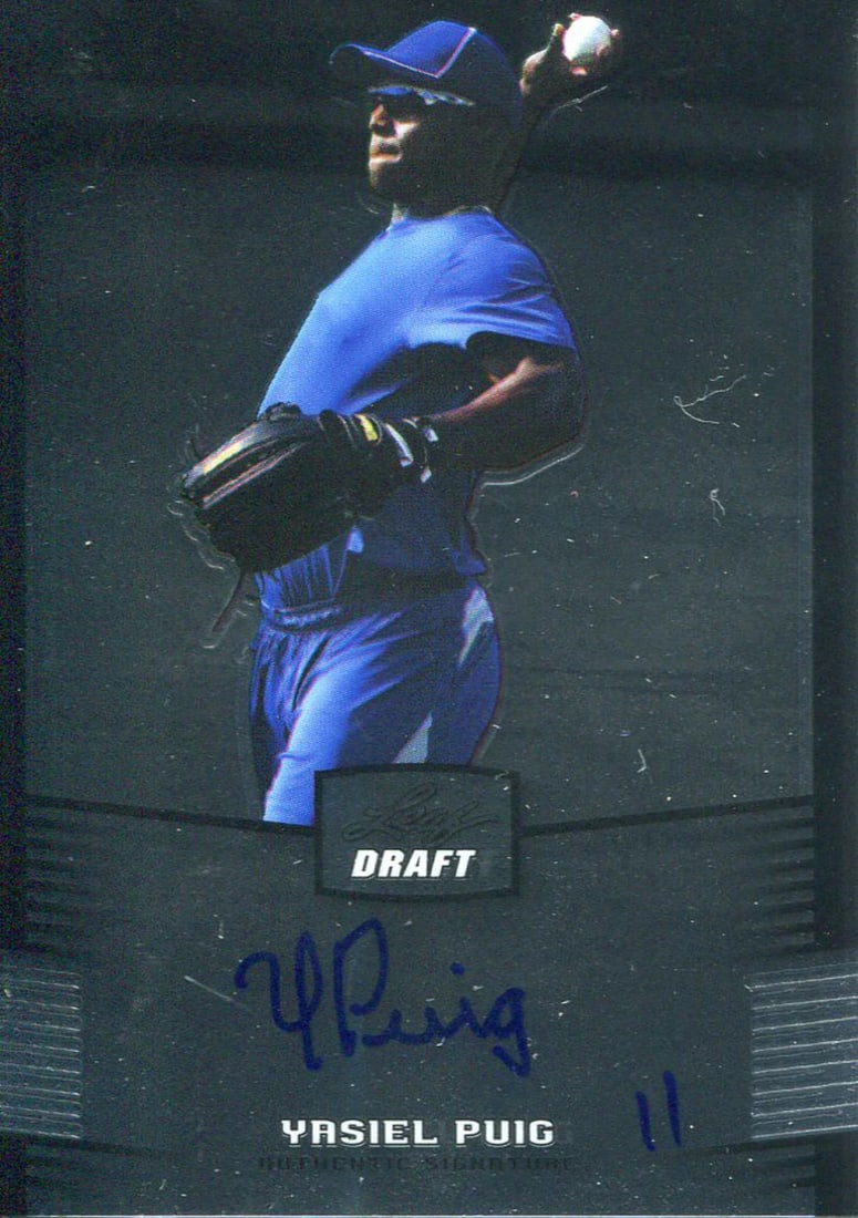 Yasiel Puig Autographed 2012 Leaf Rookie Card: Yasiel Puig Autographed 2012 Leaf Rookie Card Signed in blue sharpie across the front, this 2012 Leaf Rookie Card features the autograph of Yasiel Puig. In great shape with no smudges to the signature