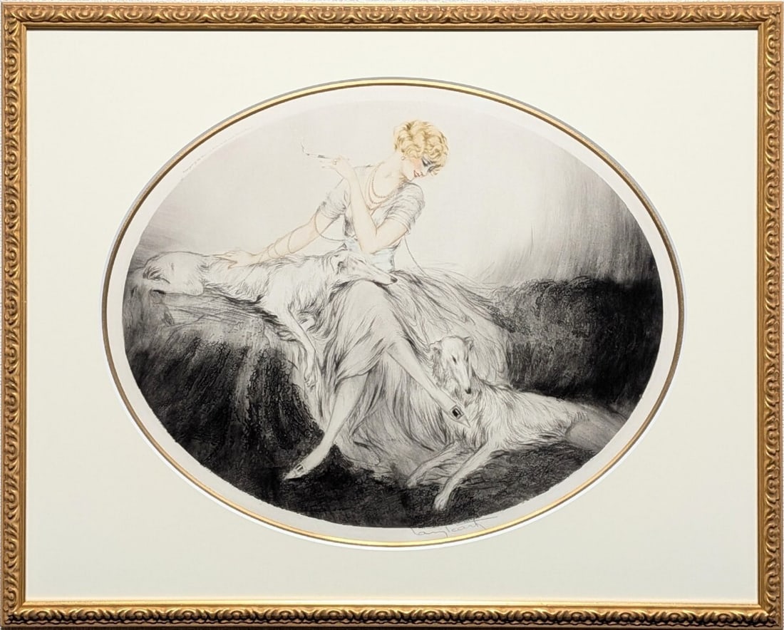 Louis Icart "Woman and Borzoi Dog" etching, autographed, 1923, Raisonn 188 (1 of 9)