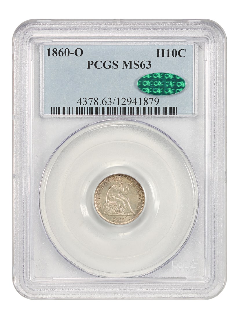 Liberty Seated Half Dime MS63 1860-O PCGS: Liberty Seated Half Dime MS63 1860-O PCGS MS63 certified Liberty Seated Half Dime, minted in 1860 at the New Orleans location, boasts a high grade of 63. This uncirculated coin features the classic de