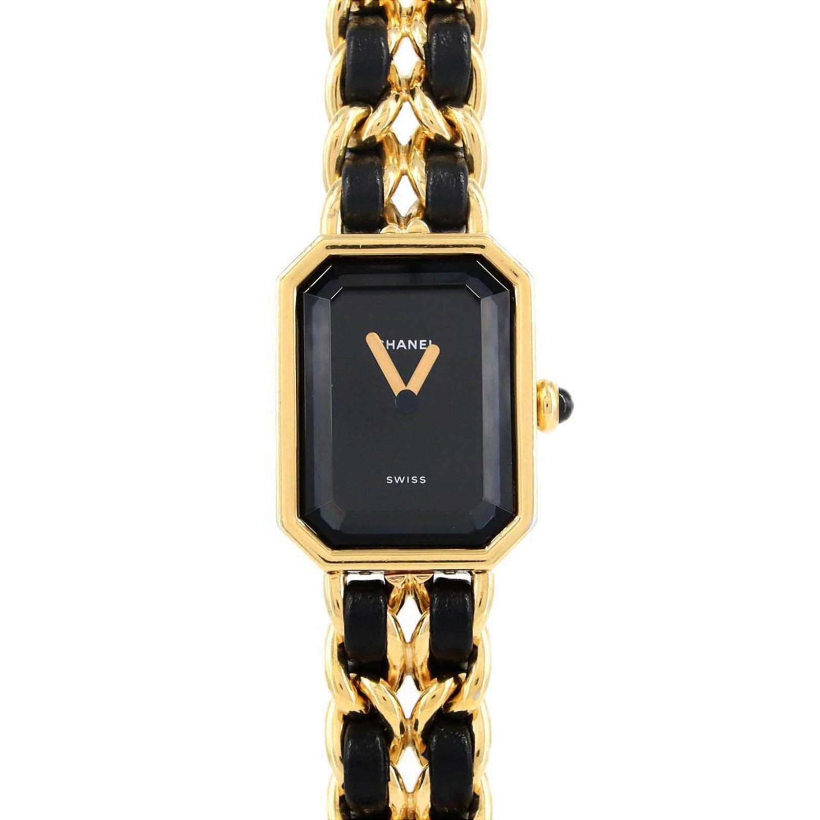 Wristwatch by Chanel: Wristwatch by Chanel Gold plated Chanel wristwatch with a black dial, featuring a 20mm case and adjustable gold plated band. The watch bears traces of usage, including scratches and dirt, but remains 
