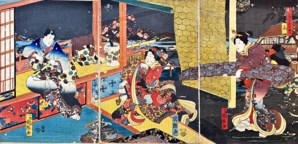 Japanese Woodblock Print Triptych Hana Flower Ichiyosai Kuniteru Ukiyo e Edo: Japanese Woodblock Print Triptych Hana Flower Ichiyosai Kuniteru Ukiyo e Edo Triptych Hana Flower Ichiyosai Kuniteru Ukiyo e Edo, a stunning Japanese woodblock print featuring Snow Moon and Flowers, i