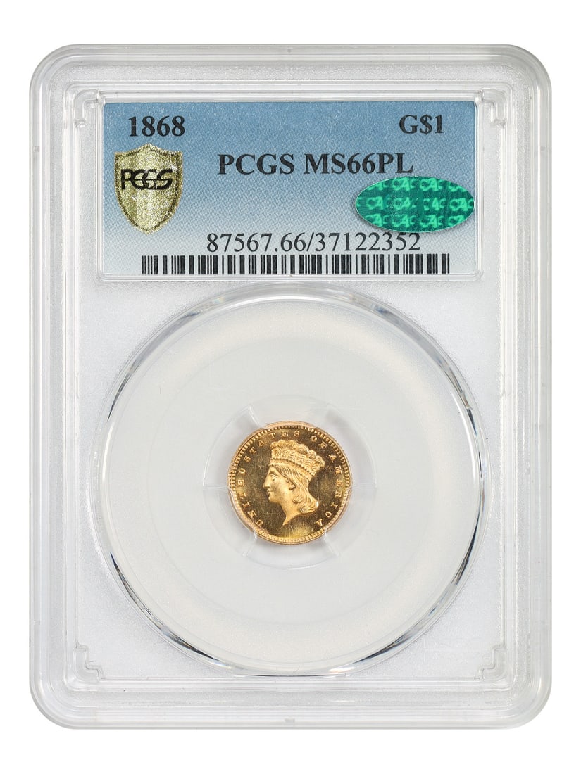 1868 G$1 PCGS/ CAC MS66PL - Gold Dollar: 1868 G$1 PCGS/ CAC MS66PL - Gold Dollar The 1868 G$1 PCGS/CAC MS66PL Gold Dollar boasts an impressive grade of 66, showcasing exceptional preservation and detail. This uncirculated coin features the s