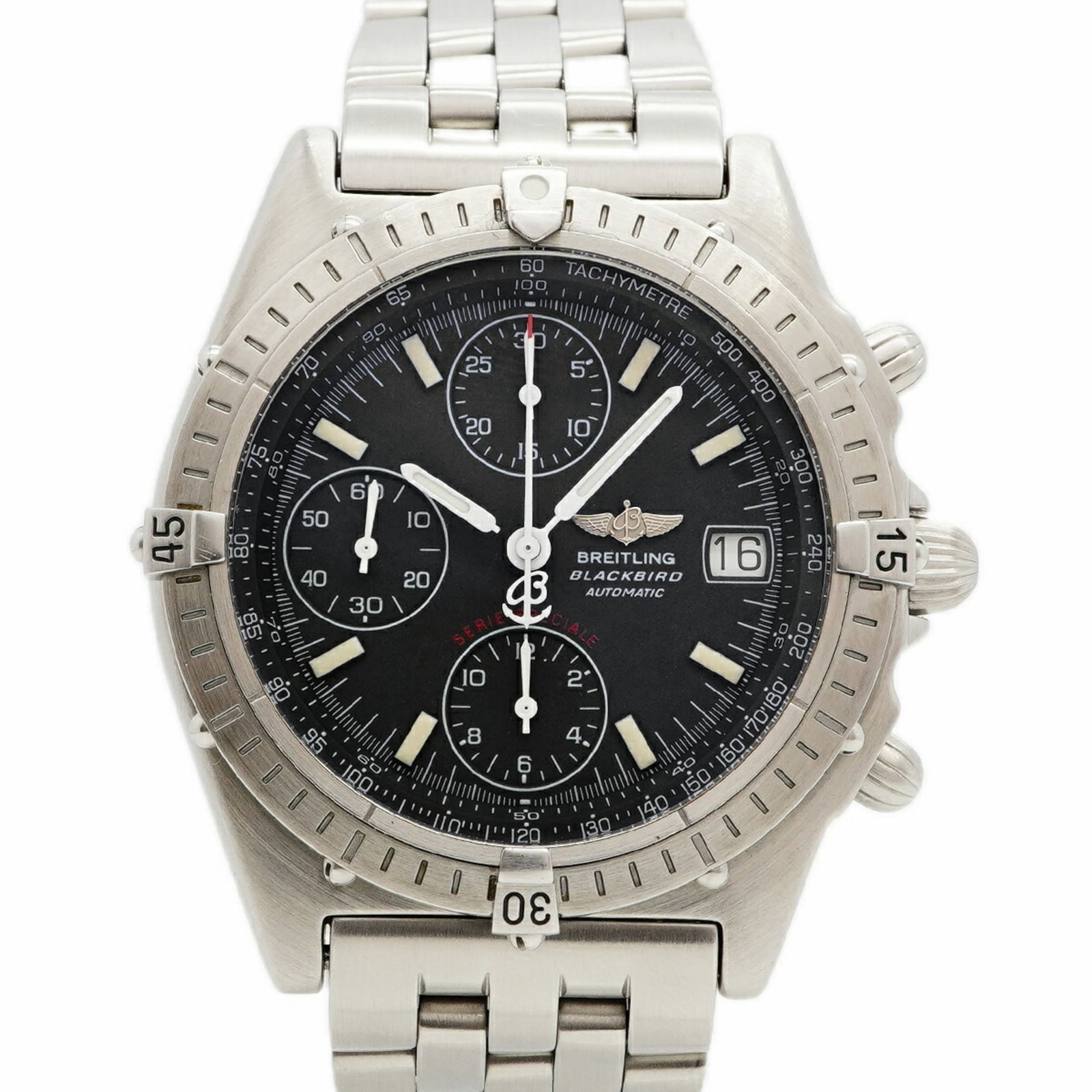 Breitling Wristwatch: Breitling Wristwatch Stainless steel band adds a touch of durability to this Breitling wristwatch, featuring a gray dial and a case diameter of 39mm. The watch has been well-used, with traces of scrat