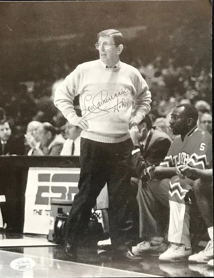 Lou Carnesecca Autographed 8x10 Photo (JSA): Lou Carnesecca Autographed 8x10 Photo (JSA) Lou Carnesecca's sharpie signature adds a touch of authenticity to this 8x10 photo, bearing the mark of James Spence Authentication (JSA). The black ink