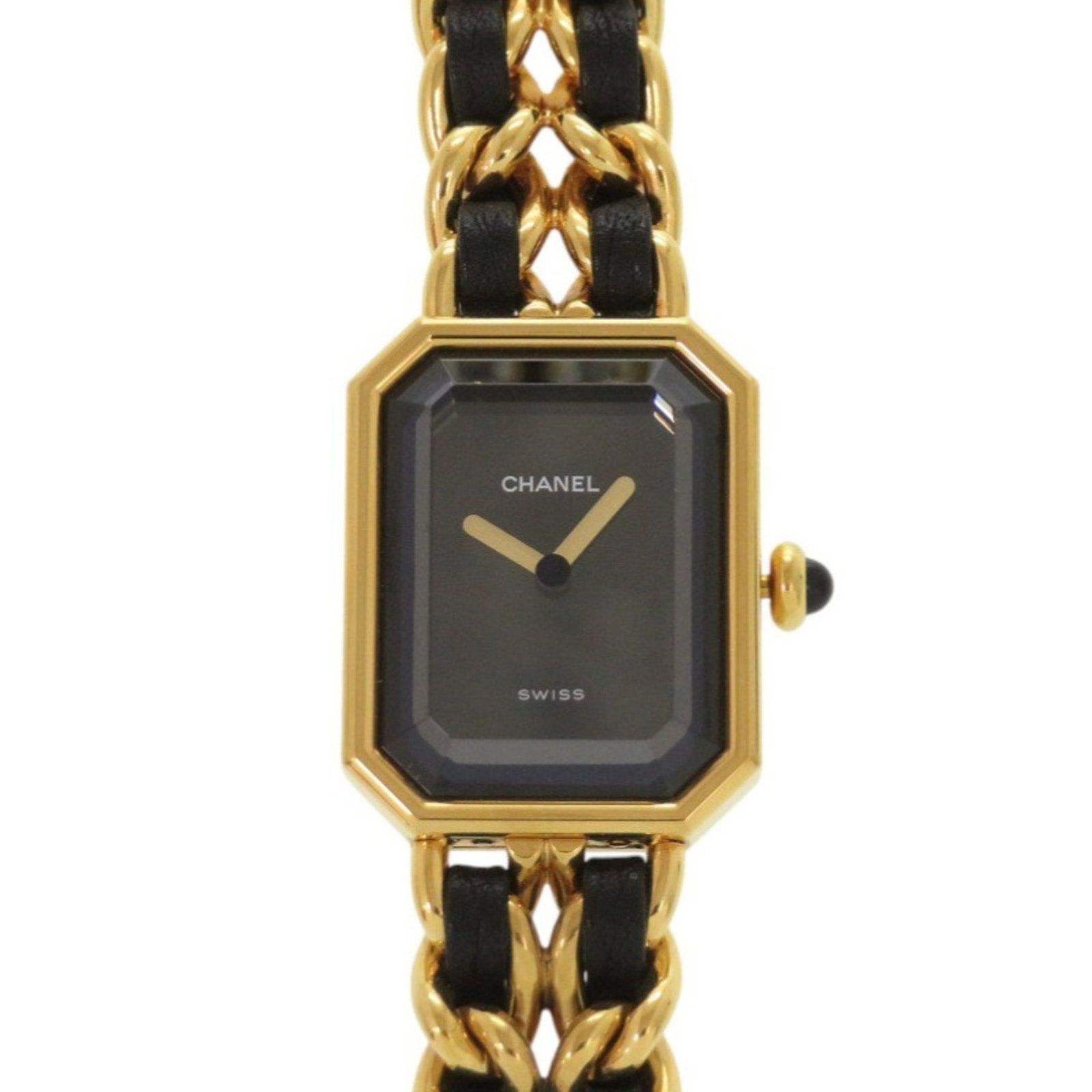 Wristwatch by Chanel: Wristwatch by Chanel Gold plated leather strap and black dial complement the elegant design of this gold plated Chanel wristwatch, featuring a classic 20mm case diameter. With its subtle scratches and