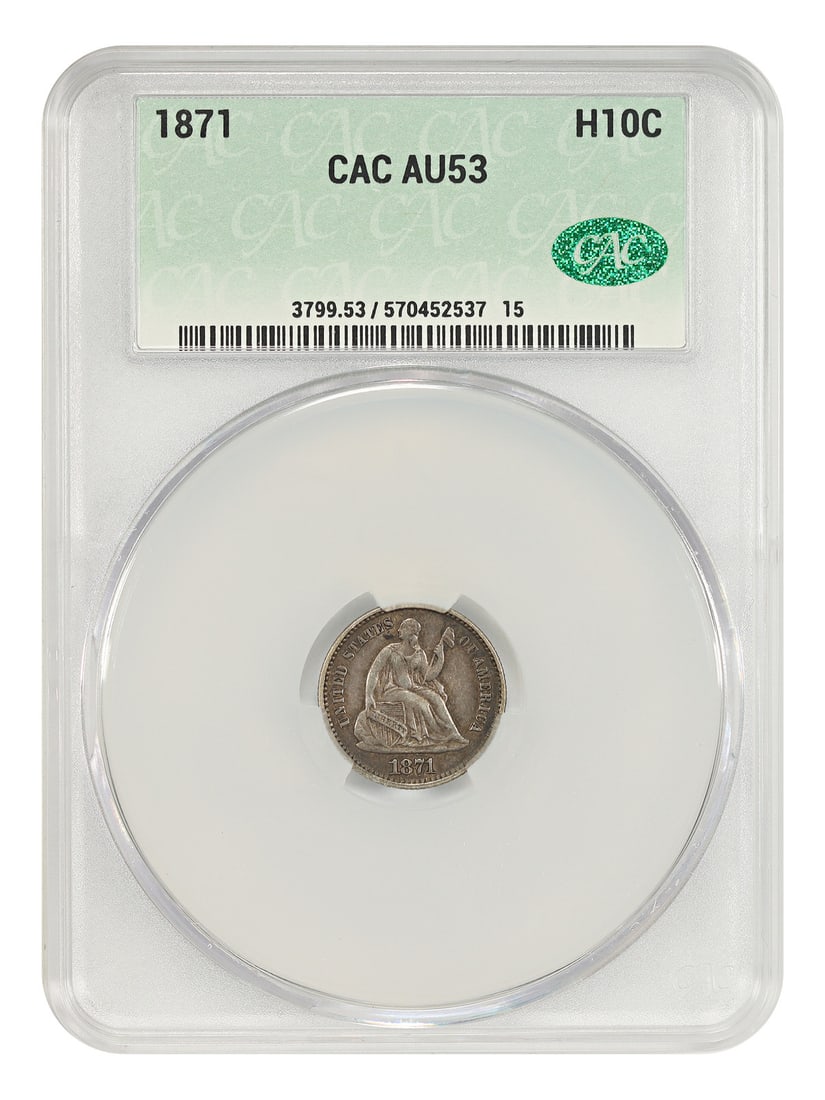 1871 H10C CACG AU53 - Liberty Seated Half Dime: 1871 H10C CACG AU53 - Liberty Seated Half Dime The 1871 H10C CACG AU53 Liberty Seated Half Dime boasts an impressive circulated condition, showcasing the wear and tear that comes with age. Certified