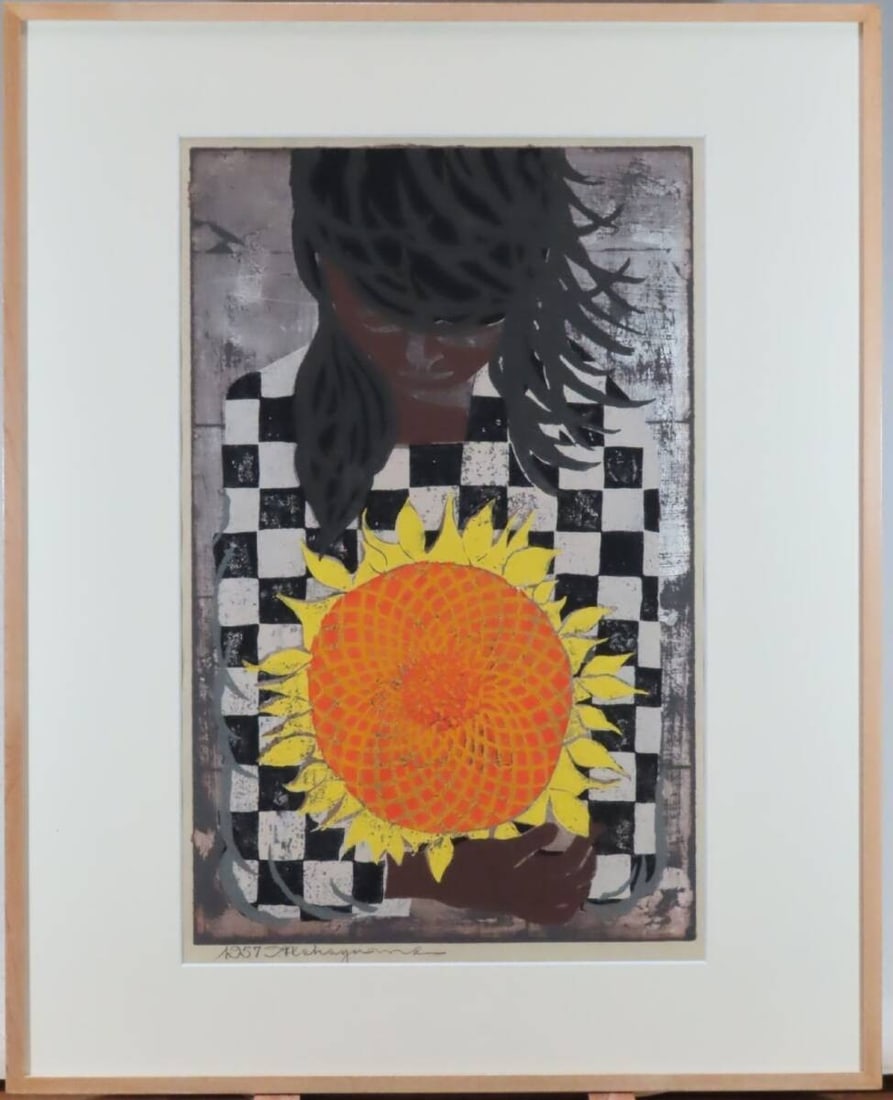 Nakayama 1957 Embracing Sunflowers Woodblock Print Signed (1 of 8)