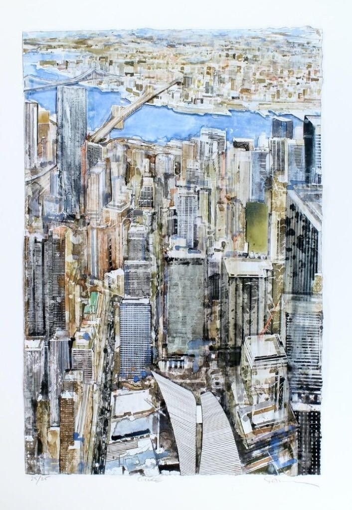 SALZMANN Gottfried Signed New York East River Mixed Media On Paper: SALZMANN Gottfried Signed New York East River Mixed Media On Paper Signed by Gottfried Salzmann, this large mixed media on paper piece showcases the artist's contemporary style. Created with a unique