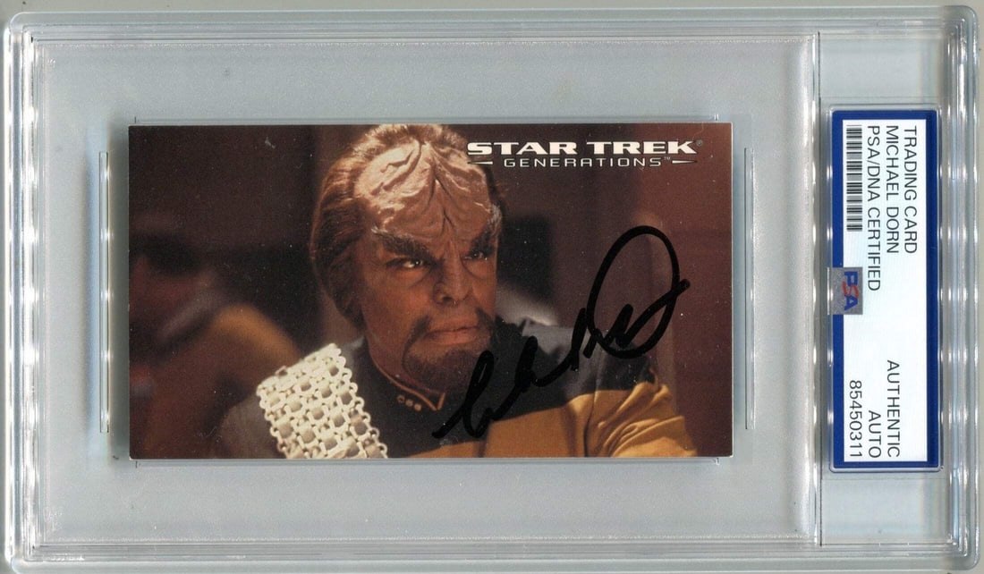 Michael Dorn 1994 Skybox Star Trek Generations Authentic Auto PSA Cut PSA: Michael Dorn 1994 Skybox Star Trek Generations Authentic Auto PSA Cut PSA Michael Dorn's 1994 Skybox Star Trek Generations #64 card features an authentic auto signature in black sharpie, making it a u