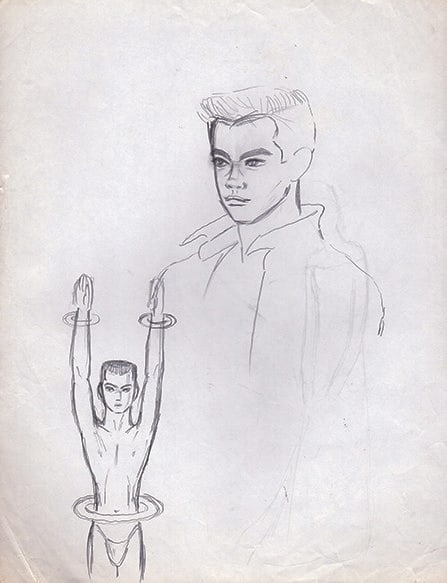 Male Figure Hoops 30cm Original Pencil Drawing By Rune Naito: Male Figure Hoops 30cm Original Pencil Drawing By Rune Naito A pencil drawing by Japanese artist Rune Naito, measuring 30 x 23.5 cm, showcases a male figure study in precise detail. The work features 