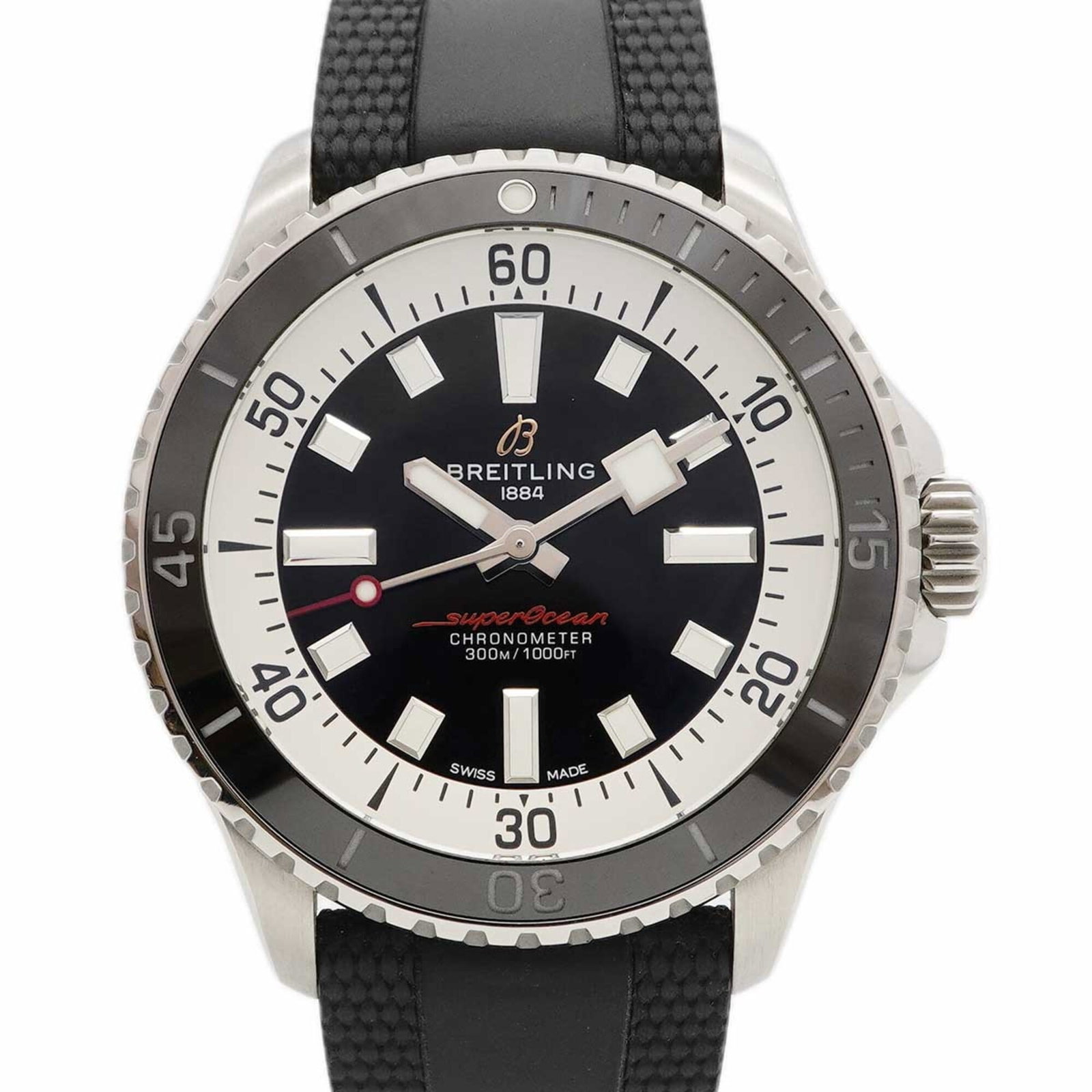 Breitling Wristwatch: Breitling Wristwatch Breitling wristwatch in black rubber band with a 42mm case diameter, suitable for wrists up to 16.5cm in length, bearing a few traces of usage and minor scratches/dirt. The watch 