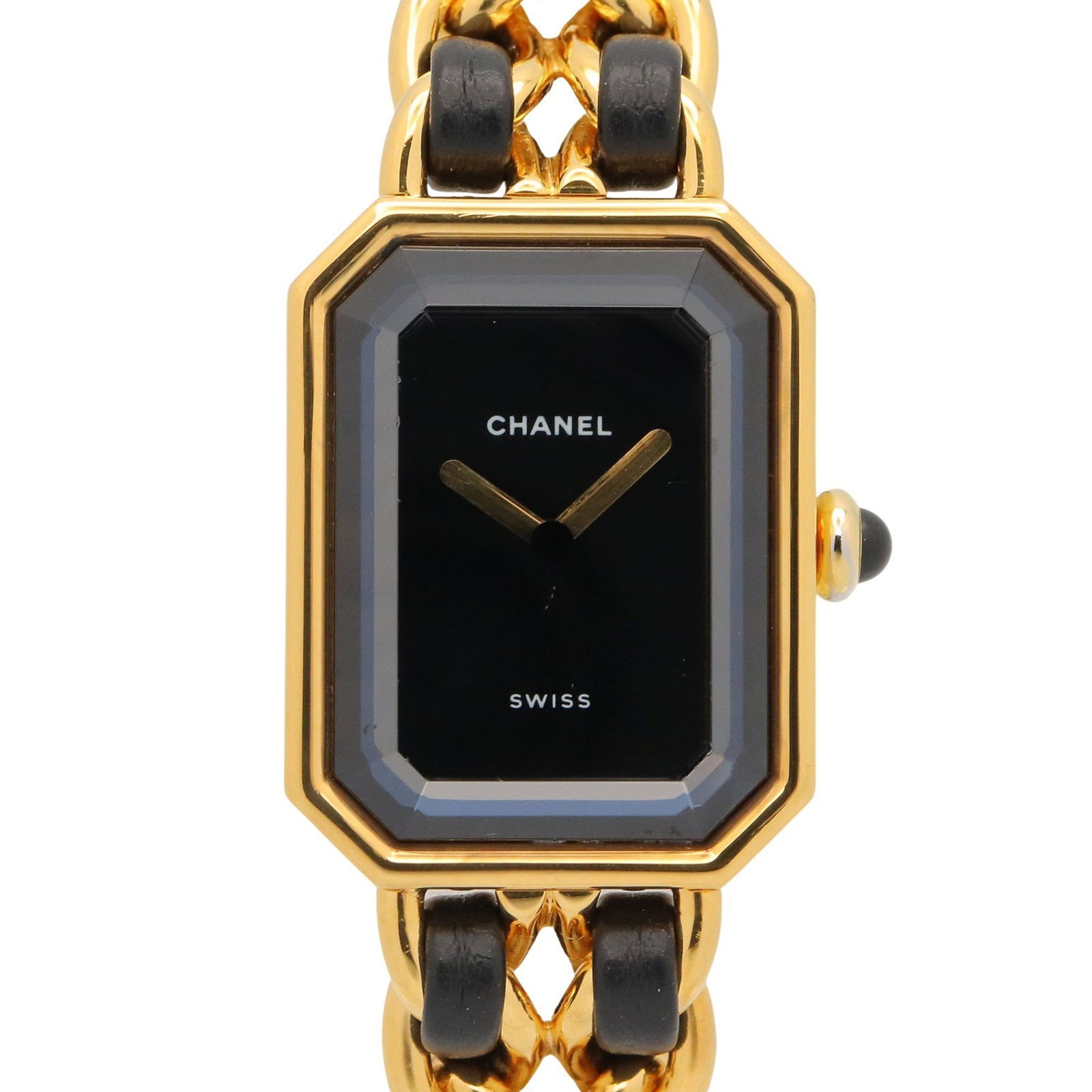 Wristwatch by Chanel: Wristwatch by Chanel Gold plated leather strap and black dial complement the 20mm gold plated case, creating a sleek and sophisticated timepiece. The watch bears a few traces of usage, with some