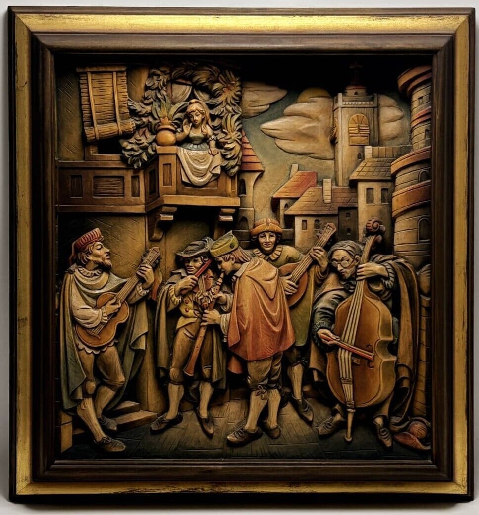 ANRI HAND CARVED WOOD CARL SPITZWEG Plaque RELIEF MURAL SCULPTURE: ANRI HAND CARVED WOOD CARL SPITZWEG Plaque RELIEF MURAL SCULPTURE ANRI's hand-carved wood Carl Spitzweg relief mural sculpture is a unique piece of contemporary art. Carved from high-quality wood,