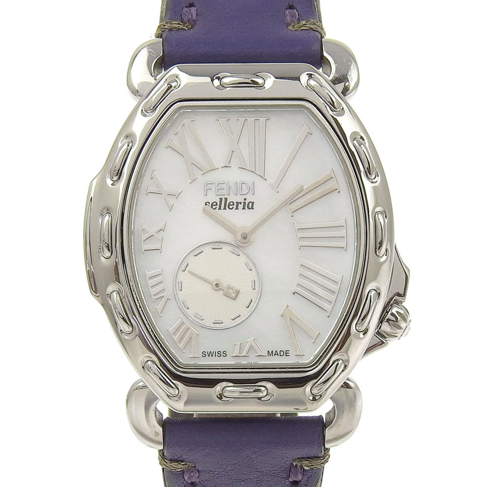 Fendi Wristwatch: Fendi Wristwatch Stainless steel case and embossed leather strap make for a sleek, sophisticated timepiece. The Fendi wristwatch boasts a white dial and measures 34mm in diameter. In excellent conditi