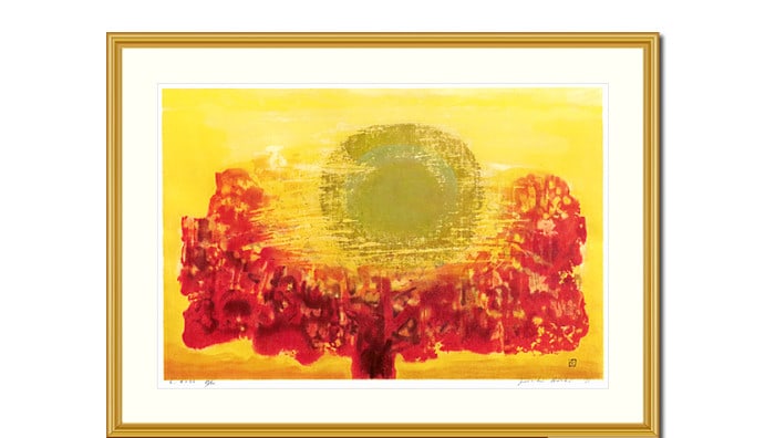 Red sunset tree woodblock edition autographed framed.: Red sunset tree woodblock edition autographed framed. Signed by artist Joichi Hoshi, this medium-sized woodblock edition features a stunning tree against a vibrant red sunset. Handmade with traditiona