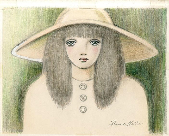 Rune Naito Original Drawing A Woman With Hat Pencil Signed Japanese Art: Rune Naito Original Drawing A Woman With Hat Pencil Signed Japanese Art Rune Naito's original drawing of a woman with hat, created using pencil and colored pencil on paper, showcases the artist's uniq