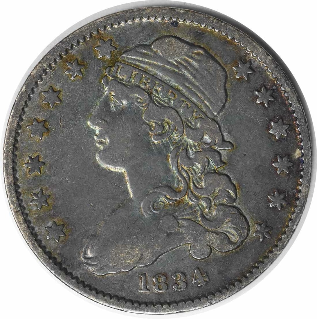 1834 Bust Quarter EF Uncertified: 1834 Bust Quarter EF Uncertified The 1834 Bust Quarter EF Uncertified features a striking design by William Kneass, with its 89.2% silver and 10.8% copper composition making it a unique blend of histo