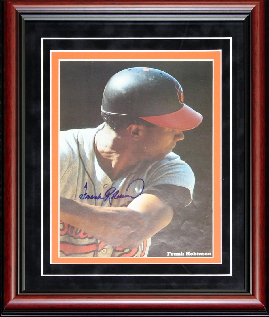 Robinson Frank Autographed Framed Magazine Page: Robinson Frank Autographed Framed Magazine Page Item Specifics: Signed in blue sharpie across the front of the magazine page Framed in a cherry wood frame with black suede on orange matte board Item i