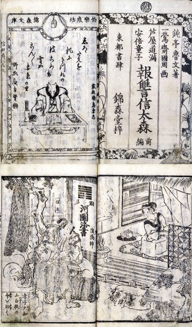 Kanagaki Shinoda Ichiyosai Robun Kunichika Woodblock Forest 1860 Printed Book: Kanagaki Shinoda Ichiyosai Robun Kunichika Woodblock Forest 1860 Printed Book The Kanagaki Shinoda Ichiyosai Robun Kunichika Woodblock Forest, printed in 1860, is a rare and historic woodblock book fe