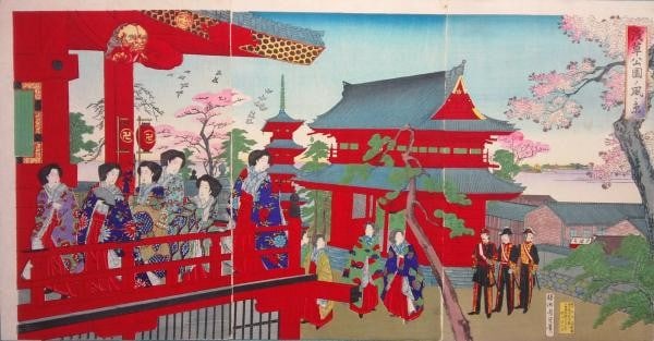 Asakusa Park Triptych Japanese Woodblock Print Toyohara Chikanobu Meiji Era: Asakusa Park Triptych Japanese Woodblock Print Toyohara Chikanobu Meiji Era Toyohara Chikanobu's Asakusa Park triptych is a stunning example of Meiji-era Japanese woodblock printing, featuring