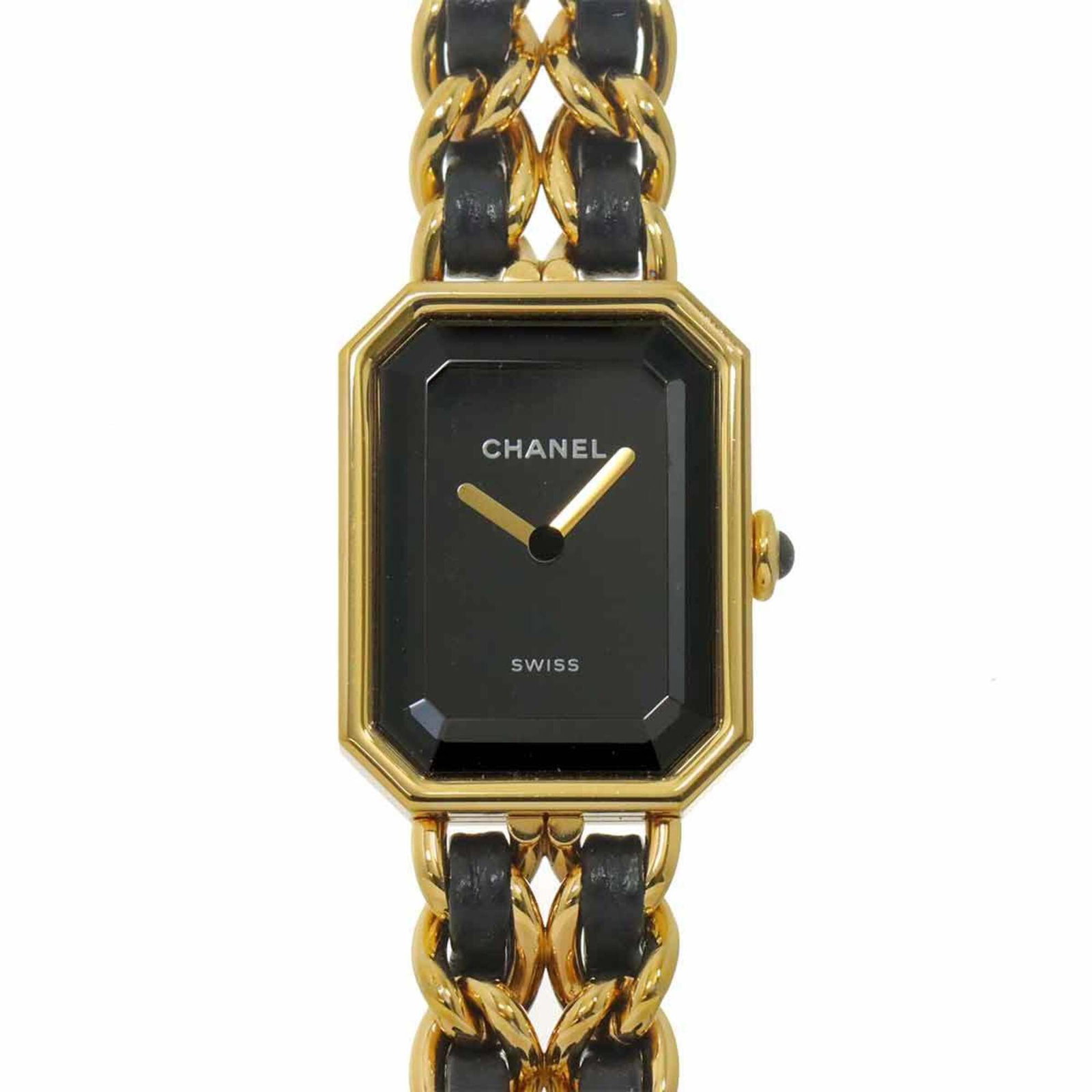 Wristwatch by Chanel: Wristwatch by Chanel Gold plated and stainless steel construction, this Chanel wristwatch boasts a sleek black dial. With its 20mm case diameter and adjustable gold plated and stainless steel band,